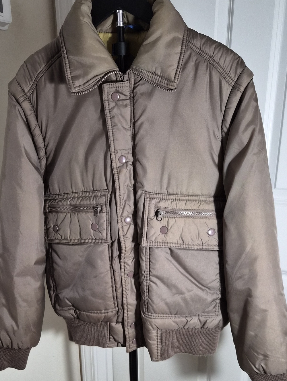 Men's Taupe Puffer Jacket/Vest with Utility Pockets & Removable Sleeves0